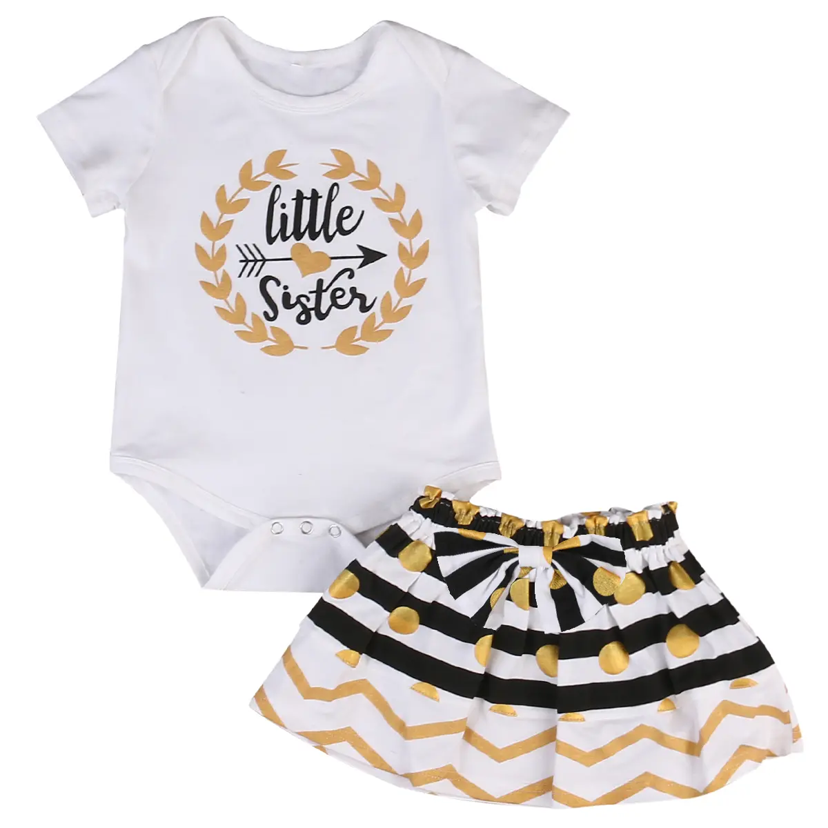Big Sister Little Sister Matching Outfits 2Pcs Clothes Set Letter Printed Romper/T Shirt and Elastic Waist Striped Gold Polka Dot Chevron Print Bow Skirt