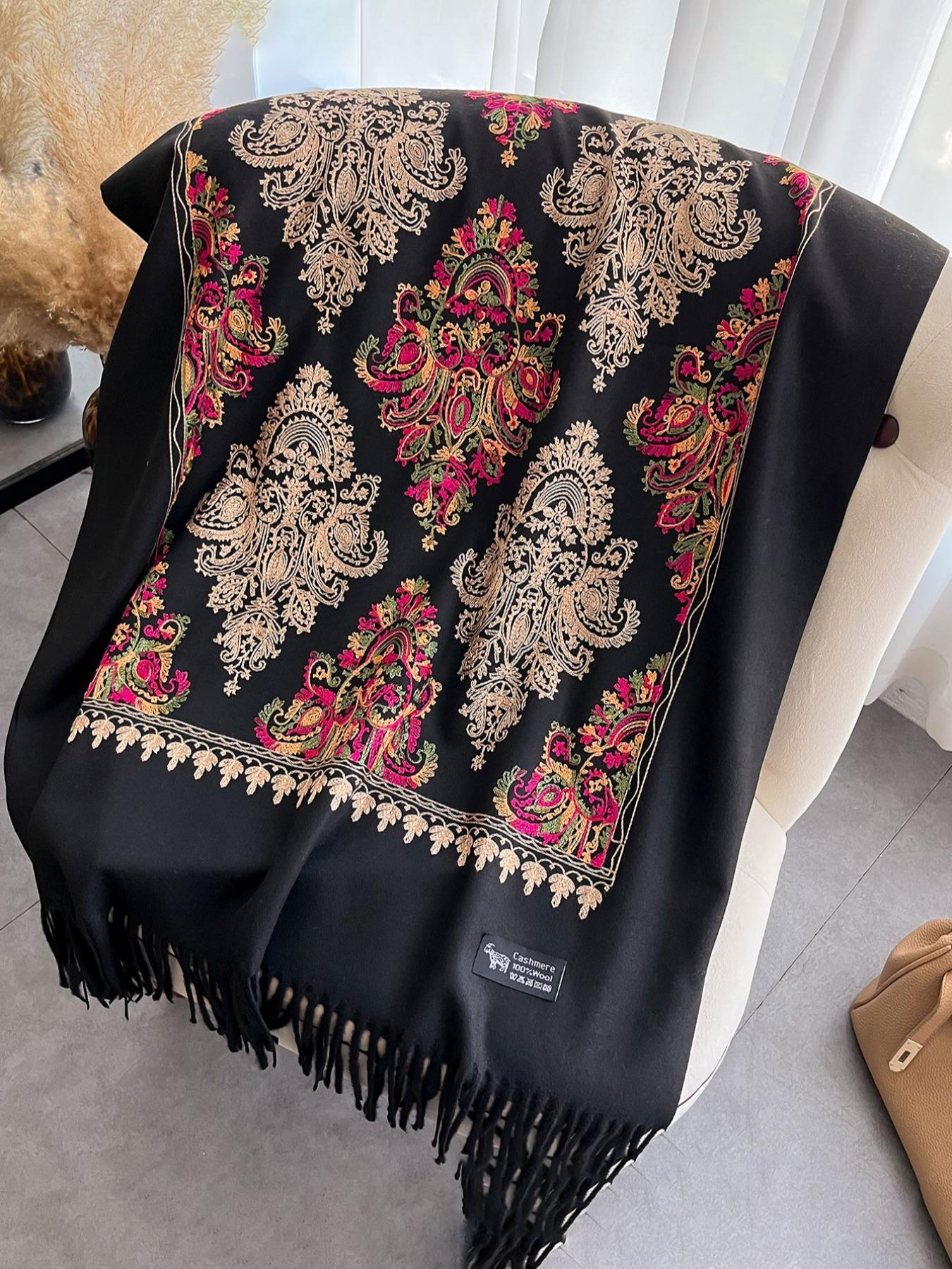 Boho Style Floral & Paisley Embroidery Tassel Decor Shawl, Trendy Casual Soft Warm Double Sided Scarf for Fall & Winter, Fashion Accessories for Women & Men