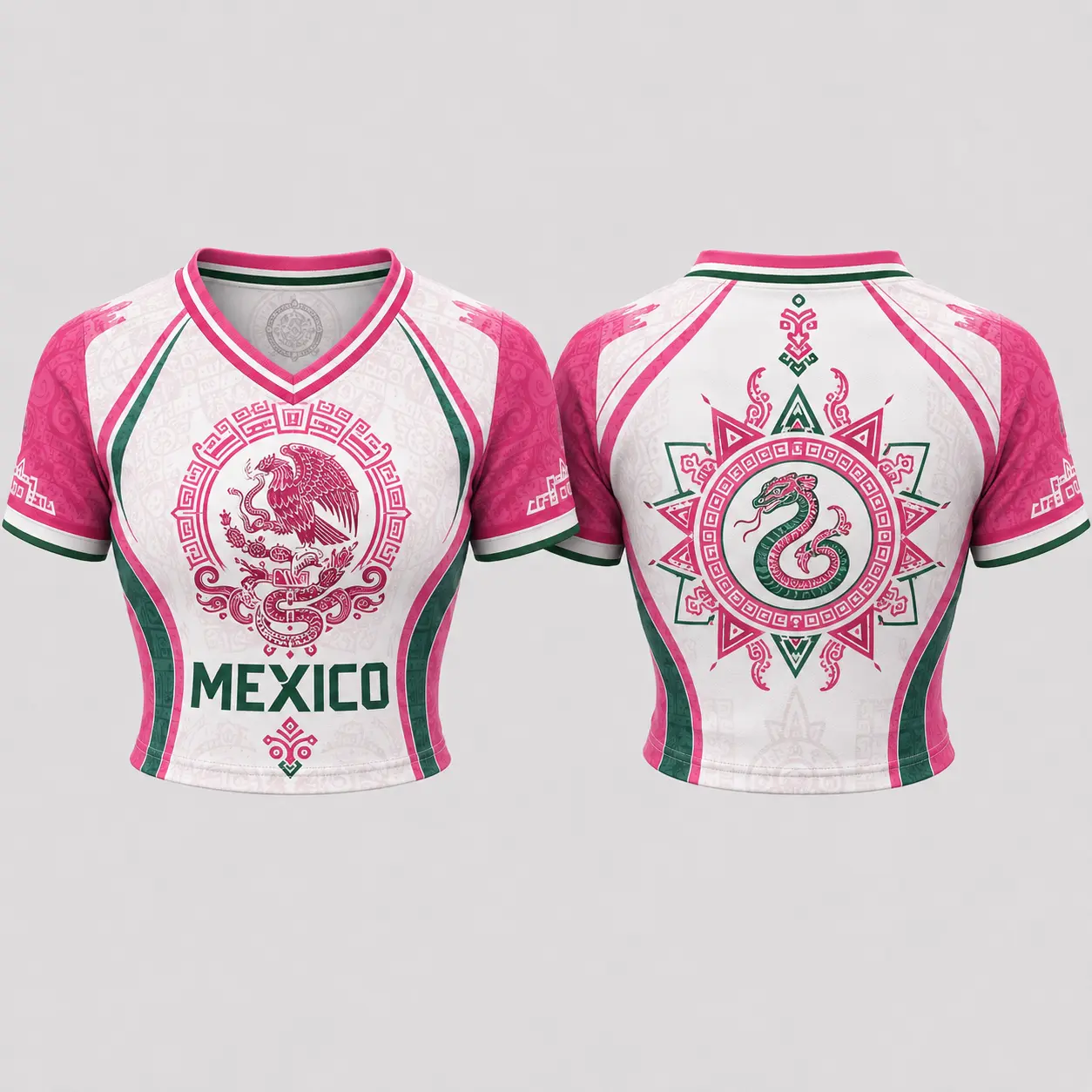 Women's Unisex Mexico Cropped Breathable Soccer Jersey, Football Fashion Top with Eagle-Snake Aztec Cultural Heritage Graphics, Contemporary Athletic Silhouette, Cinco de Mayo Festival Summer Beach Outfit, Mexican Pride Gift, Lifestyle Fashion Looks, Poly