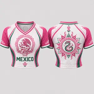 Mexico Cropped Jersey Women Pink White Green Soccer Fan Shirt Unisex Streetwear MEXICO Eagle Snake Aztec Graphic Football Jersey Top Cinco de Mayo Festival Outfit Summer Beach Sports Crop Tee Mexican Pride Fashion Athletic Casual Fit Gift