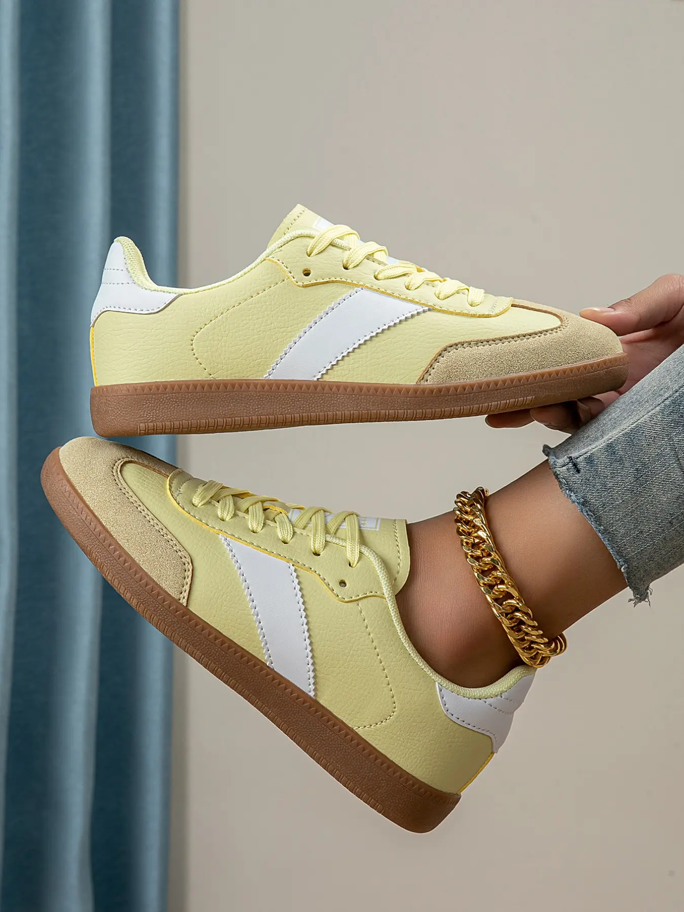 Colorblock Vintage Trainer Shoes, Rubber Anti-Slip Flat Low Top Lace-Up Skateboard Shoes, All-Season Student Commute Casual Shoes