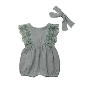 Infant Baby Girl Lace Romper Sleeveless Ruffle Jumpsuit Bodysuit with Headband Newborn Summer Clothing 0-24 Months
