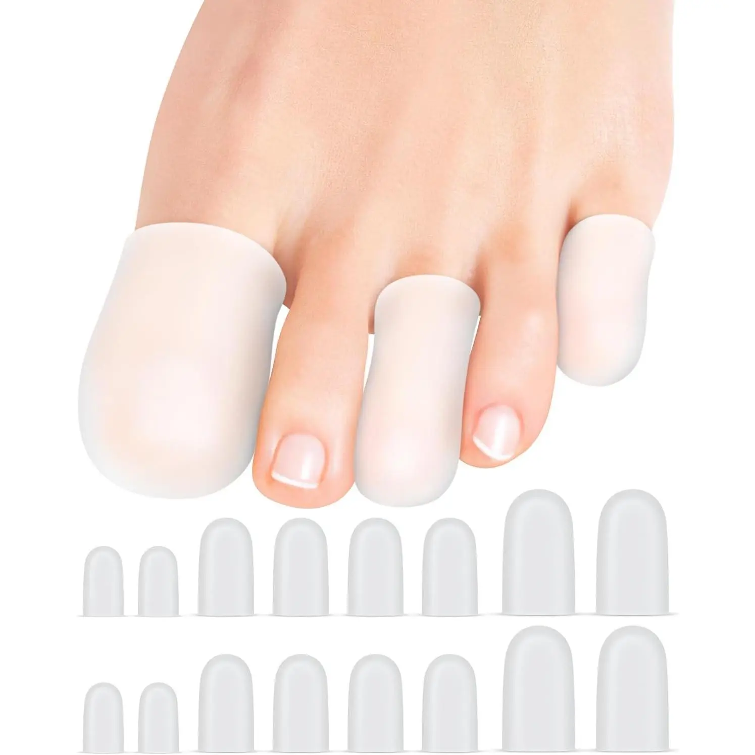 16-Pack Silicone Toe Protectors and Caps, Gel Toe Covers Bandage Sleeves for Women & Men Pain Relief, Cushion Pads for Corns, Calluses, Blisters, Toenails Loss(Clear, Mixed Sizes, 4L+8M+4S)