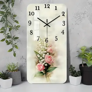 1 piece 2D flat wall clock, silent acrylic decorative square clock with watercolor floral pattern featuring roses and lilies of the valley, suitable for living room, kitchen, office, closet wall, guest room (no batteries required), 2D flat design