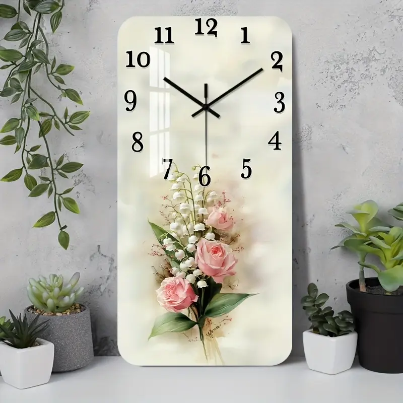 1 piece 2D flat wall clock, silent acrylic decorative square clock with watercolor floral pattern featuring roses and lilies of the valley, suitable for living room, kitchen, office, closet wall, guest room (no batteries required), 2D flat design