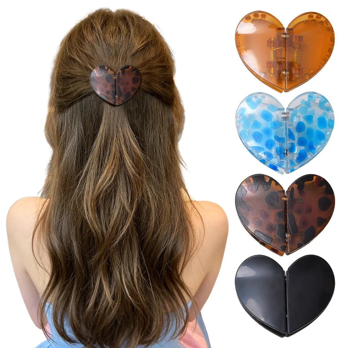 4Pcs Women's Resin Leopard Heart Shape Magnetic Clip, Vintage Hair Claw for Half-Up Hold & Everyday Wear, Claw Clip