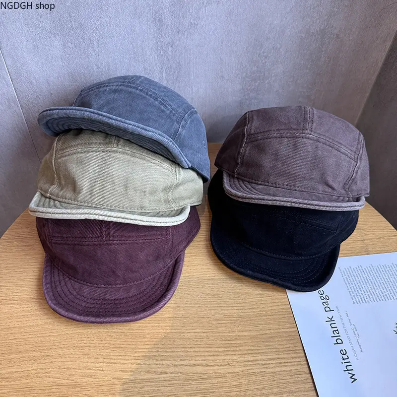 Vintage Washed Canvas Short Brim 5 Panel Hat, Minimalist Solid Color Adjustable Flat Bill Cap, Breathable Soft Casual Street Headwear, Fashion Outdoor Accessory for Hiking, Shopping, Daily Commute and Everyday Street Style