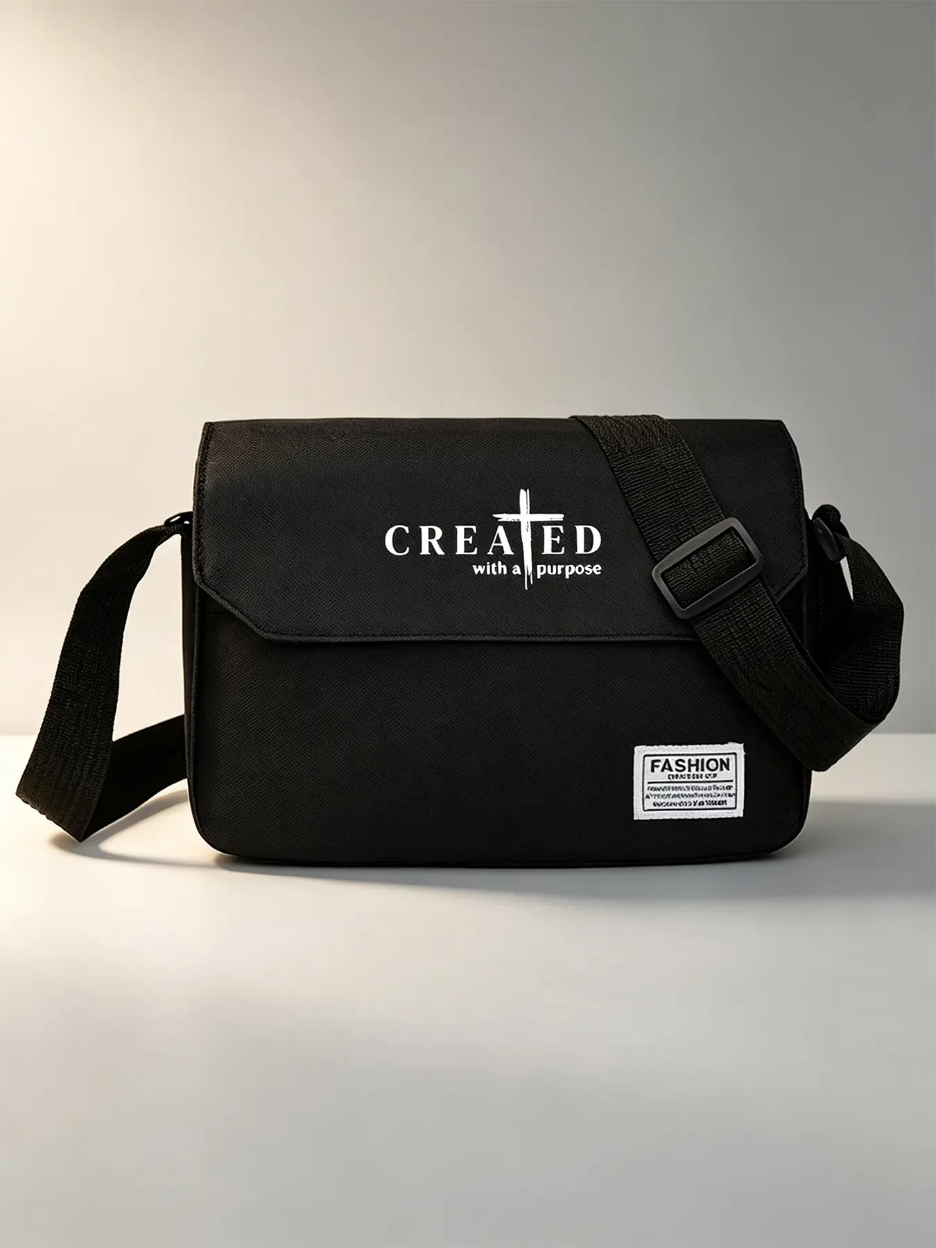 Small flap crossbody bag printed with "CREATED with a purpose" and cross pattern, equipped with adjustable shoulder strap, unisex design, perfect for short trips and shopping outings.