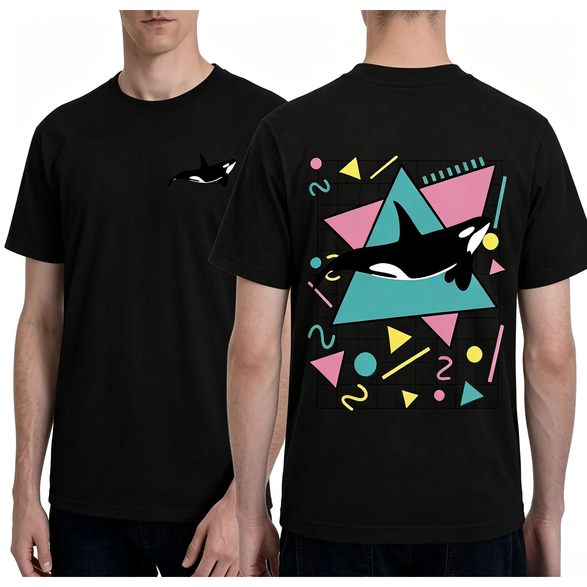 Unisex Graphic T-Shirt Front Back Print Memphis Retro Geometric Killer Whale Orca Minimal Chest Logo White Casual Short Sleeve Top