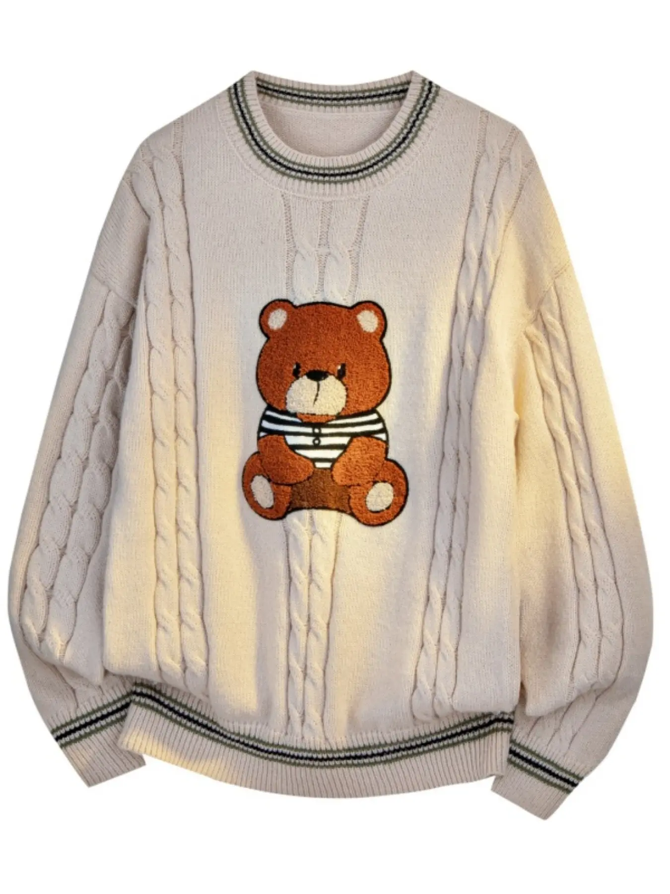 Men's Cable Knit Round Neck Sweater, Cute Teddy Bear Embroidery Pullover, Loose Fit Casual Soft Knitwear, Ideal for Daily Street Wear