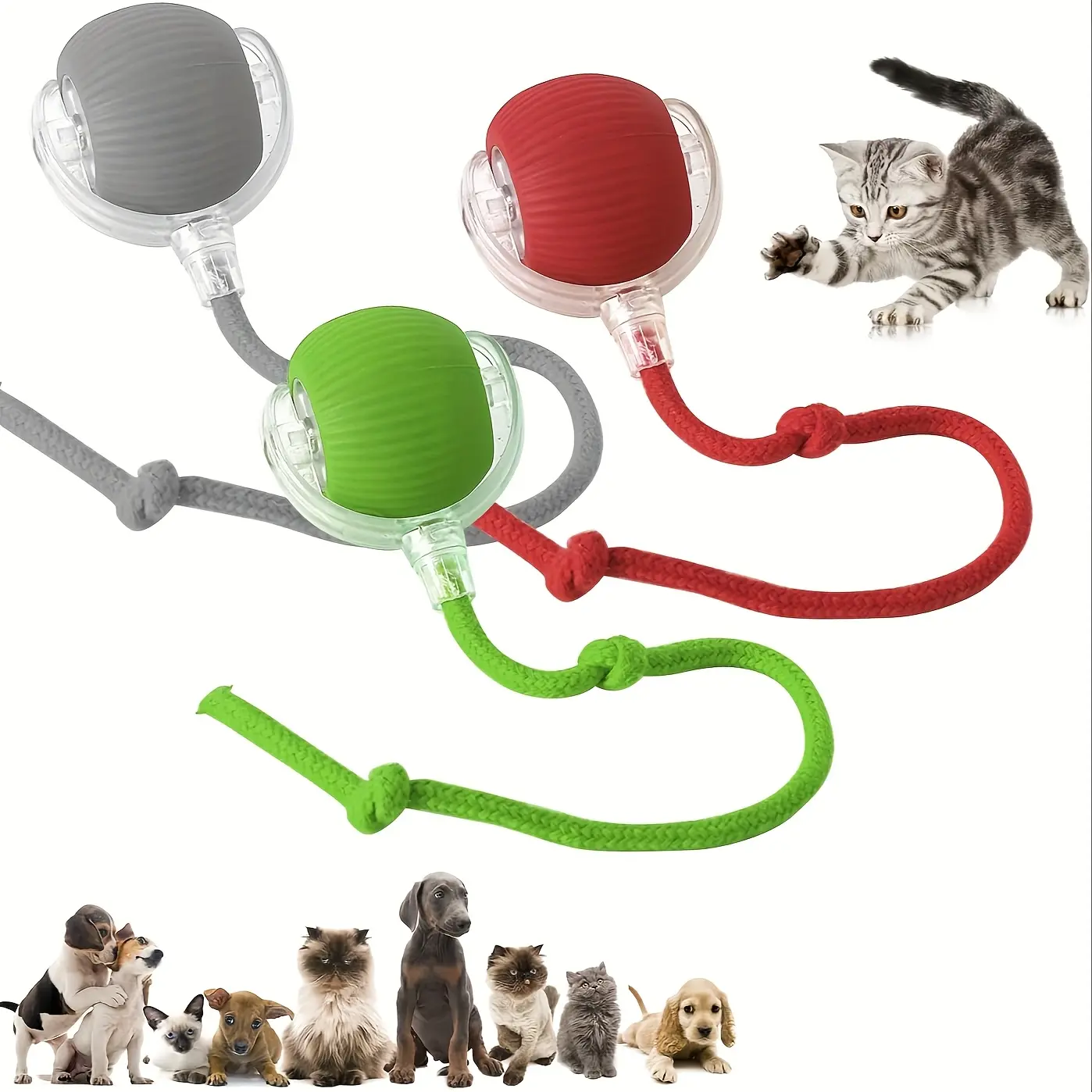 3pcs Set Automatic 360 °   Rolling Pet Balls, Red, Gray & Green Available, USB Charging LED Light Interactive Toy with Teeth Grinding Function, Durable Plastic Pet Toy Suitable for Cats and Dogs, Ideal Pet Gift