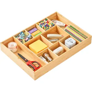 Extra Large Bamboo Desk Drawer Organizer, Wood Junk Organizer Tray with Adjustable Dividers, Anti-Skip Storage Organization in Office Bathroom Drawer for Vanity, Makeup, 17" x 12"