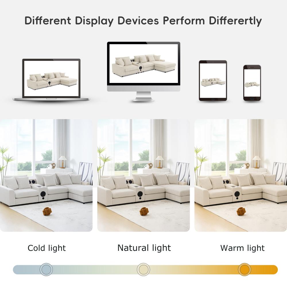 112'' Corduroy Sectional Sofa with Bluetooth Speakers, L-Shaped Couch with Console, USB Charger, Cup Holders, Storage, Ottoman, Deep and Wide Seat Cloud Sofa for Living Room & Apartment