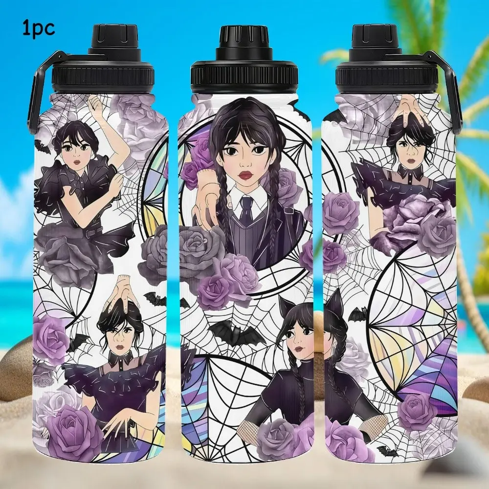 1pc 33oz stainless steel insulated cup. The same style as the water bottle from "Wednesday" of the American TV series. Suitable for outdoor activities and commuting. A personalized gift for holidays/birthdays. A high-quality large-capacity water cup