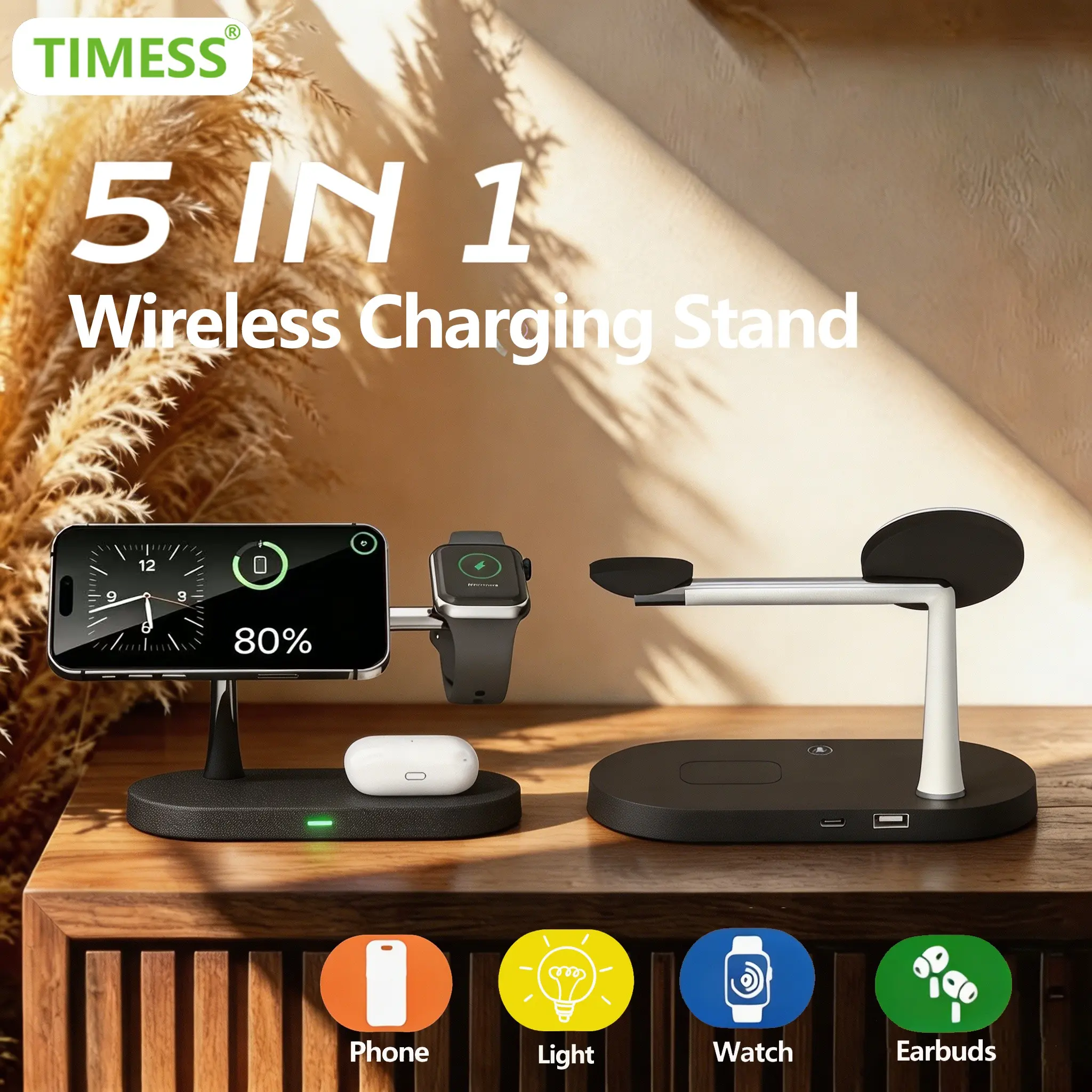 5 in 1 Magnetic Wireless Charger Stand, 15w Qi Fast Charging, LED Night Light, Compatible with iPhone 17/16/15/14/13/12 Pro Max, Apple Watch, AirPods
