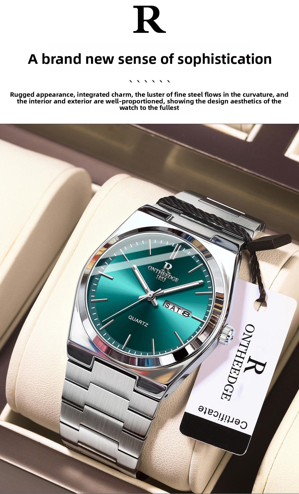 Men's Luxury Teal Green Dial Quartz Watch - Stainless Steel Wristwatch with Date Day Display, Waterproof, Luminous Hands, Classic Business Casual Dress Watch for Men, Perfect Gift for Husband Dad