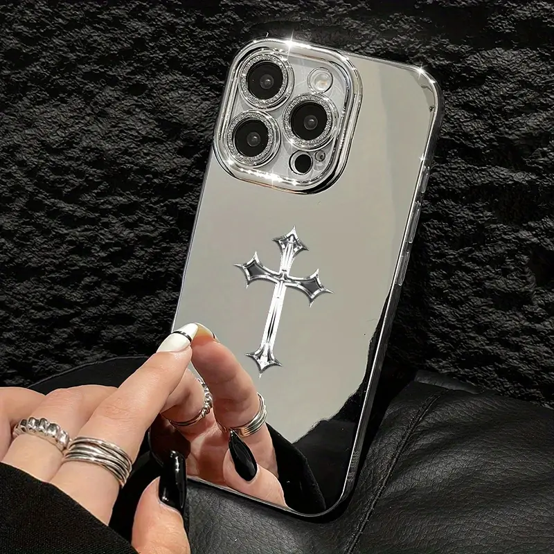 Gothic Fleur Cross Mirror Phone Case, Silver Reflective Hard-Shell Cover for iPhone 17 16 15 14 13 12 11 X Plus Pro Max, Alt Style Gift