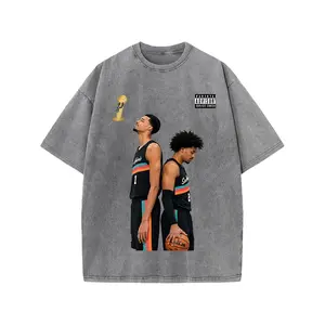 Retro Victor Wembanyama & John Harper Spurs Back-to-Back Album Cover Championship Trophy Edition Vintage Washed Grey T-Shirt, Unisex Oversized Heavyweight Cotton Streetwear Top, Ideal Gift for Spurs & Basketball Fans