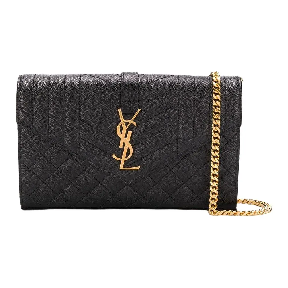 Saint Laurent YSL Quilted Leather Crossbody Bag for Women – Gold Logo Grain-Embossed Chevron Design in Black