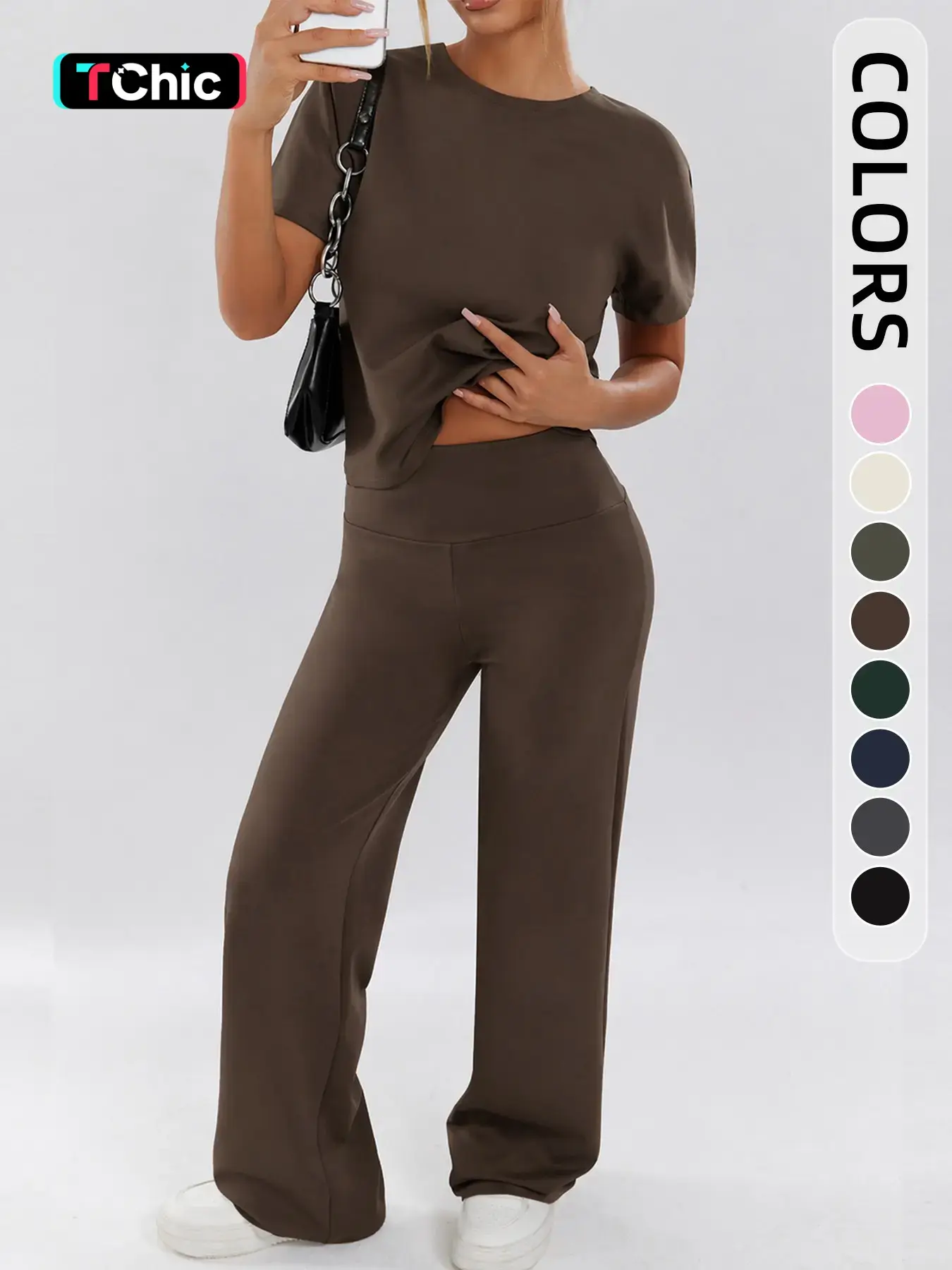 Women's Fashion Plain Running Sportswear Set, Athleisure Outfits, Athleisure Tracksuit Outfit, Loose-Fit Raglan Sleeve Round Neck Top, High-Waisted Straight Leg Pants, All Seasons, Activewear Set