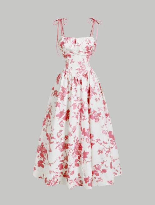 2026 vintage floral print temperament elegant intellectual waist slip dress for women