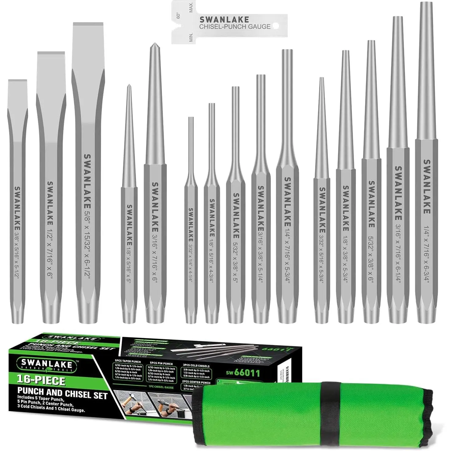 16-Piece Heavy Duty Chrome Vanadium Precision Hardware Set - Multi-Size Taper, Pin Center Punch, Cold Chisels, Gauge for Mechanics, Metal Repair Industrial Hand Tools Applications (Inches Compatible)
