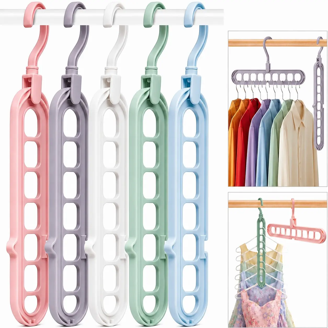 9-Hole Space Saving Hanger, Multifunctional Cascading Closet Organizer with 360° Rotating Hook, Horizontal or Vertical Clothes Storage Rack for Shirts, Pants, Coats and Dresses, Reduces Closet Clutter and Keeps Clothes Neat for Apartments, Dorms and RVs