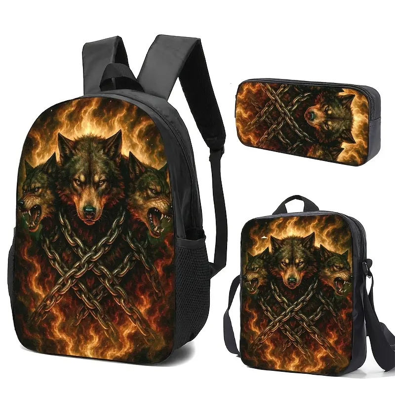 Three Wolf Fire Backpack, Gothic Chain Animal Print School Bookbag with Padded Shoulder Straps, Top Handle and Side Mesh Pockets for Teens, Students, Travel and Everyday Use