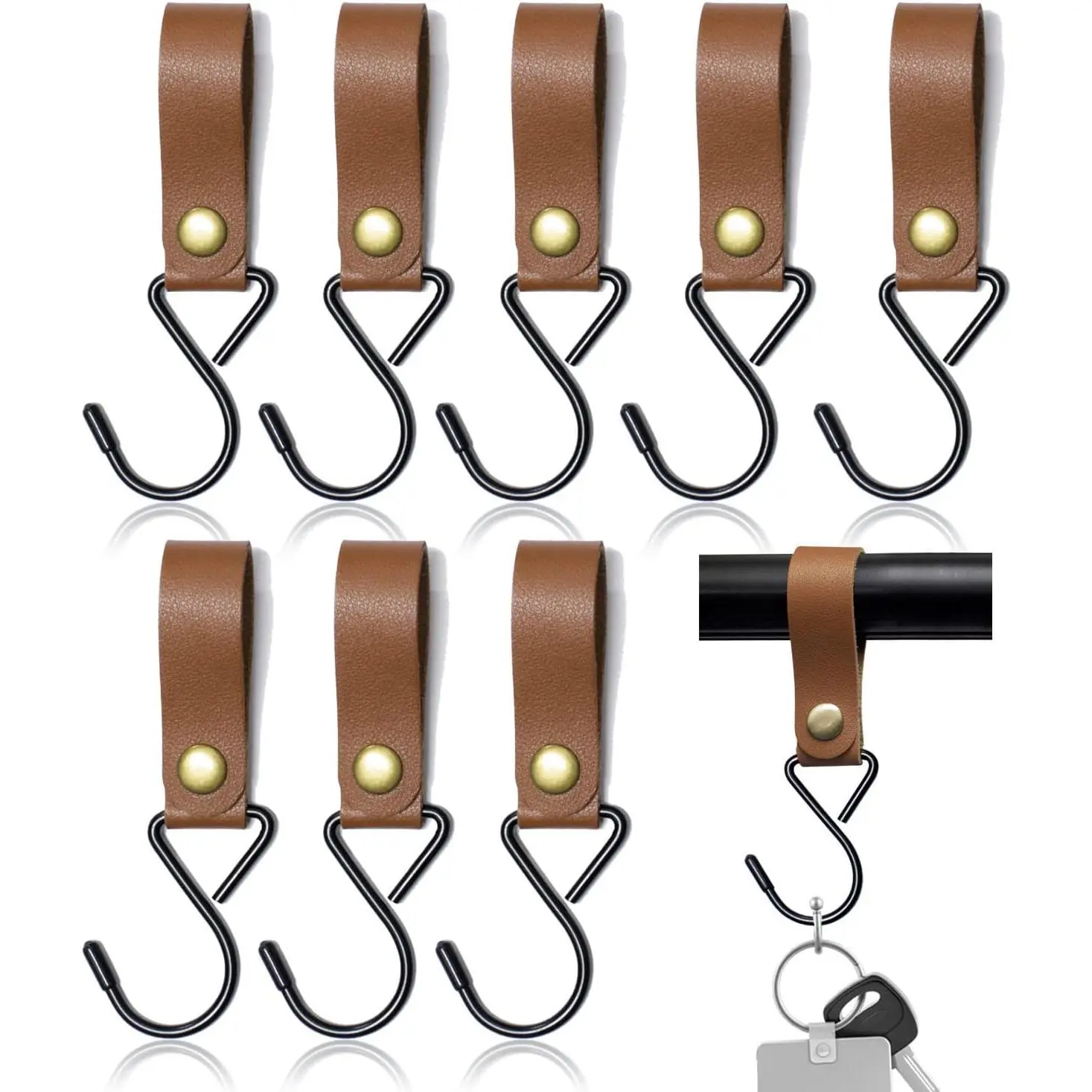 8 Pack Modern Leather S-Hooks with Leather Strap & Snap Button - Outdoor Camping Home Organizer Hanger for Coat, Towel, Hook Organizer