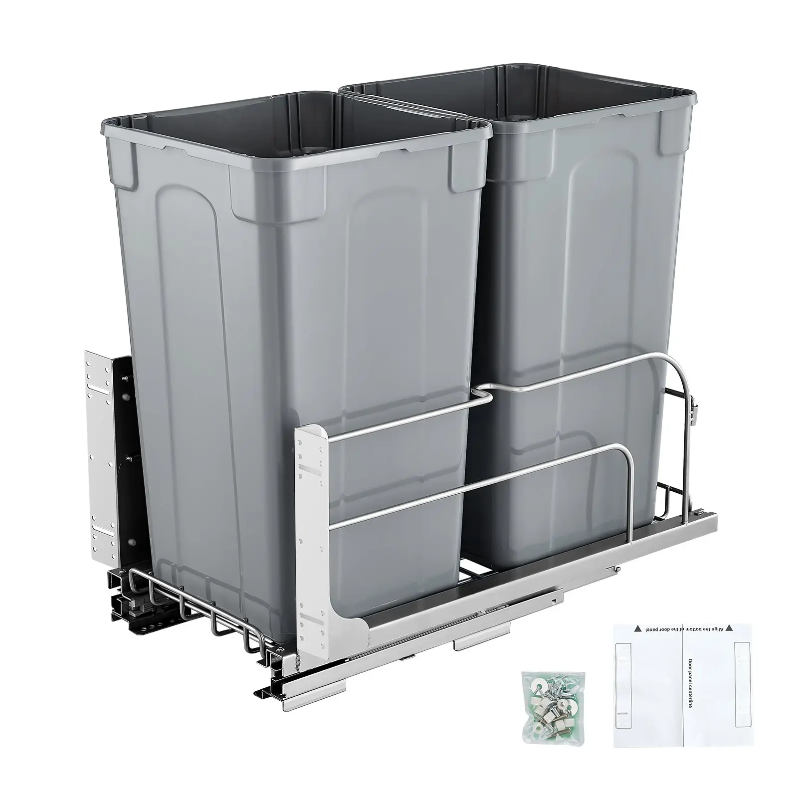 VEVOR 54 QT Double Under-Mount Kitchen Trash Can, 27 Qt x 2 Above 12 L Heavy-Duty Recycling Bin with Installation Door Kit, Soft-Close Slide, 14 Lbs / 6.45 Kg BB-LM27L02 for Kitchen Cabinet Counter (Grey), 54 Qt (27 + 27 Qt), 66 Lbs / 30 Kg