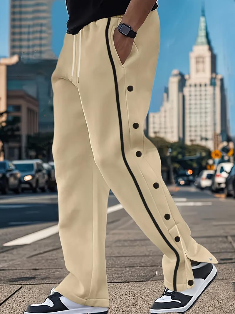 Men's Casual Polyester Pants, Solid Color, Side Stripes and Button Details, Regular Fit, Drawstring, Suitable for All Seasons, Comfortable and Fashionable for Adults