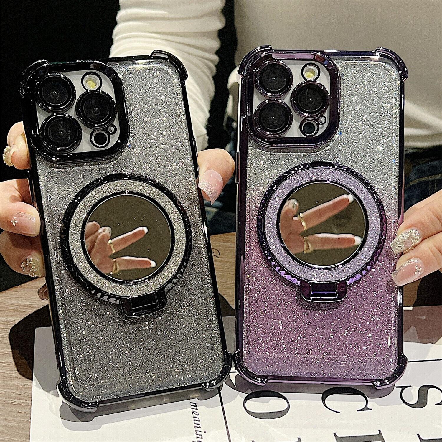 OREKROY Mirror Bling Case Ring Kickstand MagSafe Cover For iPhone 16 Pro Max 15 14 13 12,Anti-fall Shockproof Bling-bling twinkle Phone Cover,Phone Accessories