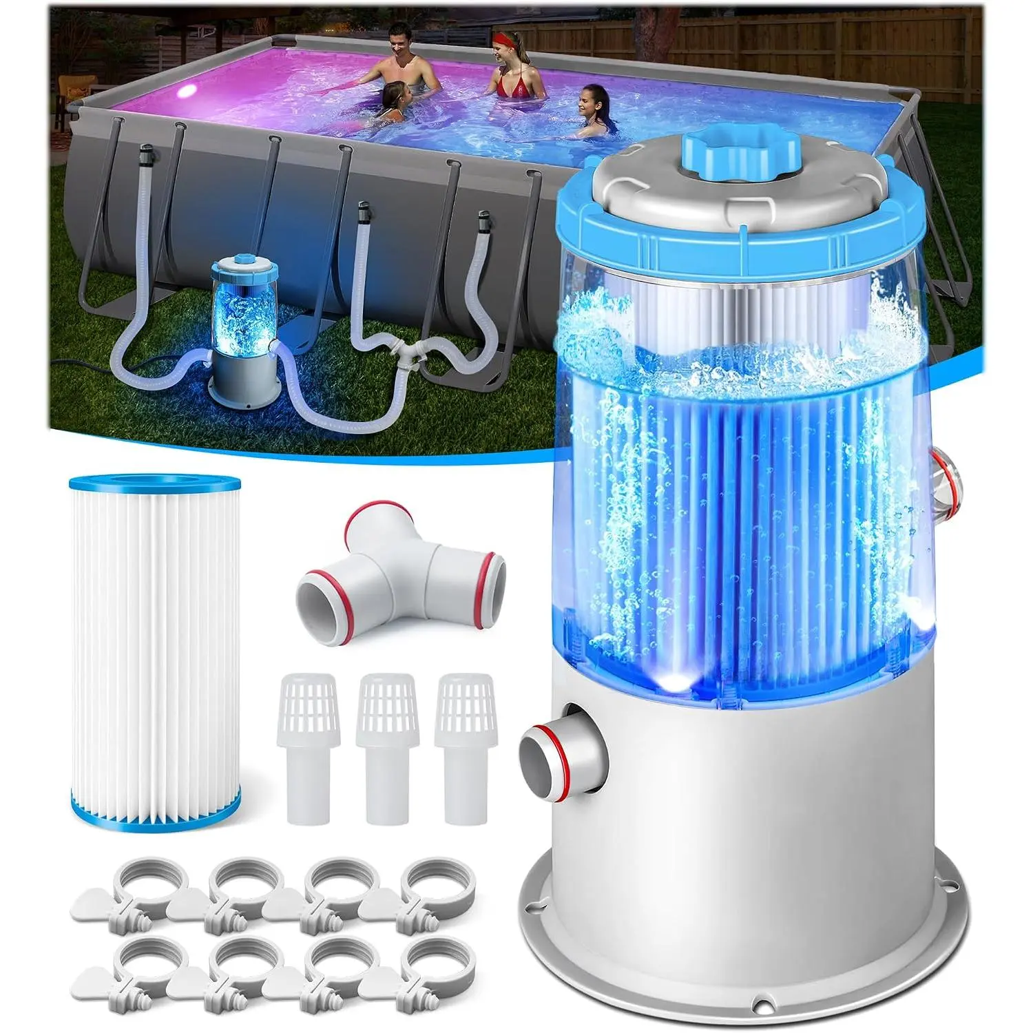 1000 GPH Light-Up Pool Filter Pump for Above Ground Pool|-in Blue LED Light,Transparent Housing for Real-Time Water Circulation &Filtration , Pool  Filter Pump System