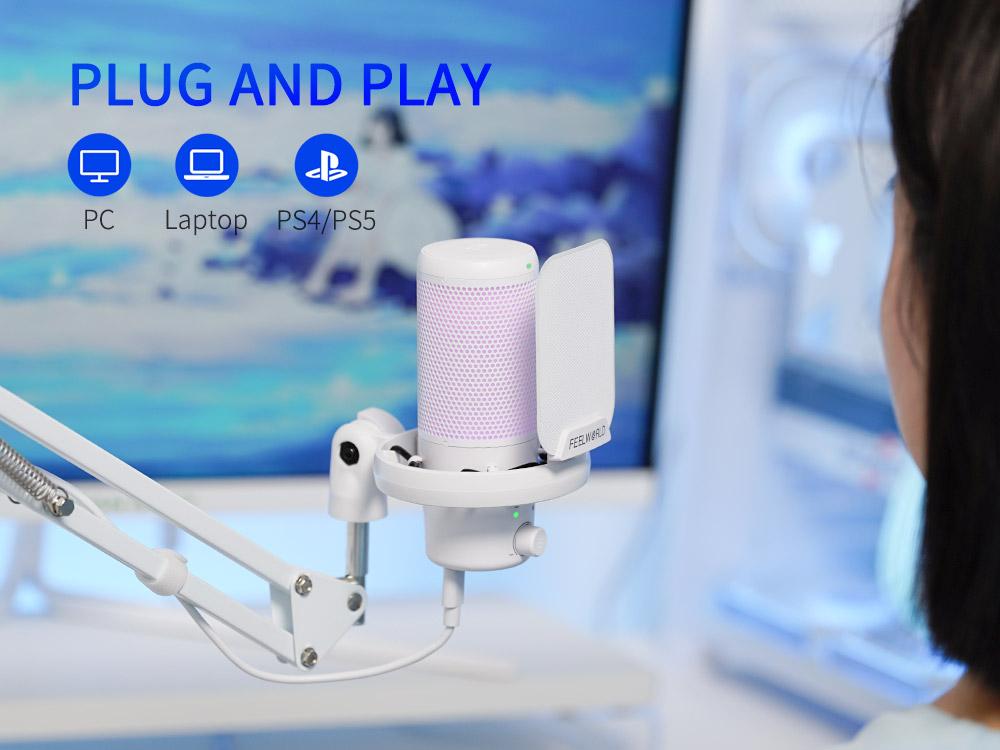 FEELWORLD VM1 White Gaming PC USB Microphone with Boom Arm Stand Noise Cancellation RGB Light Mute for Gamer YouTube Twitch Podcast Streaming Recording Chat PS4 PS5 FEELWORLD VM1 White Gaming PC USB Microphone with Boom Arm Stand Noise Cancellation RGB Light Mute for Gamer YouTube Twitch Podcast Streaming Recording Chat PS4 PS5