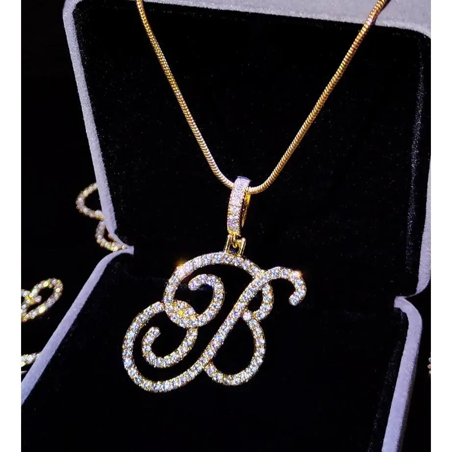 A-Z Initial Cursive Letters Pendant Necklace For Women Gold Silver Color Shiny Rhinestone Letter Pendant Metal Chain Necklace Jewelry Gift