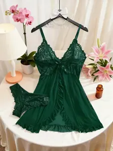 1 Count Women's Fashion Sexy Breathable Split Pajama With Adjustable Thin Straps, Comfortable Flowers Lace See Through Sleepwear Set, Ruffle Trim Cami Nightdress & Bow Decor Panty Set, Suitable For Date Wear & Lingerie Party & Gift For Her