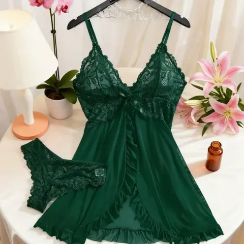 Women's Sexy Breathable Floral Lace Split Pajama Set with Adjustable Thin Straps, Ruffle Trim Cami Nightdress & Bow Decor Panty, Sheer Elegant Sleepwear for Date Wear & Lingerie Party Gift