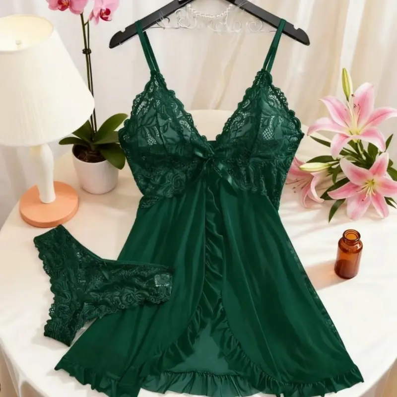 Women's Sexy Breathable Floral Lace Split Pajama Set with Adjustable Thin Straps, Ruffle Trim Cami Nightdress & Bow Decor Panty, Sheer Elegant Sleepwear for Date Wear & Lingerie Party Gift