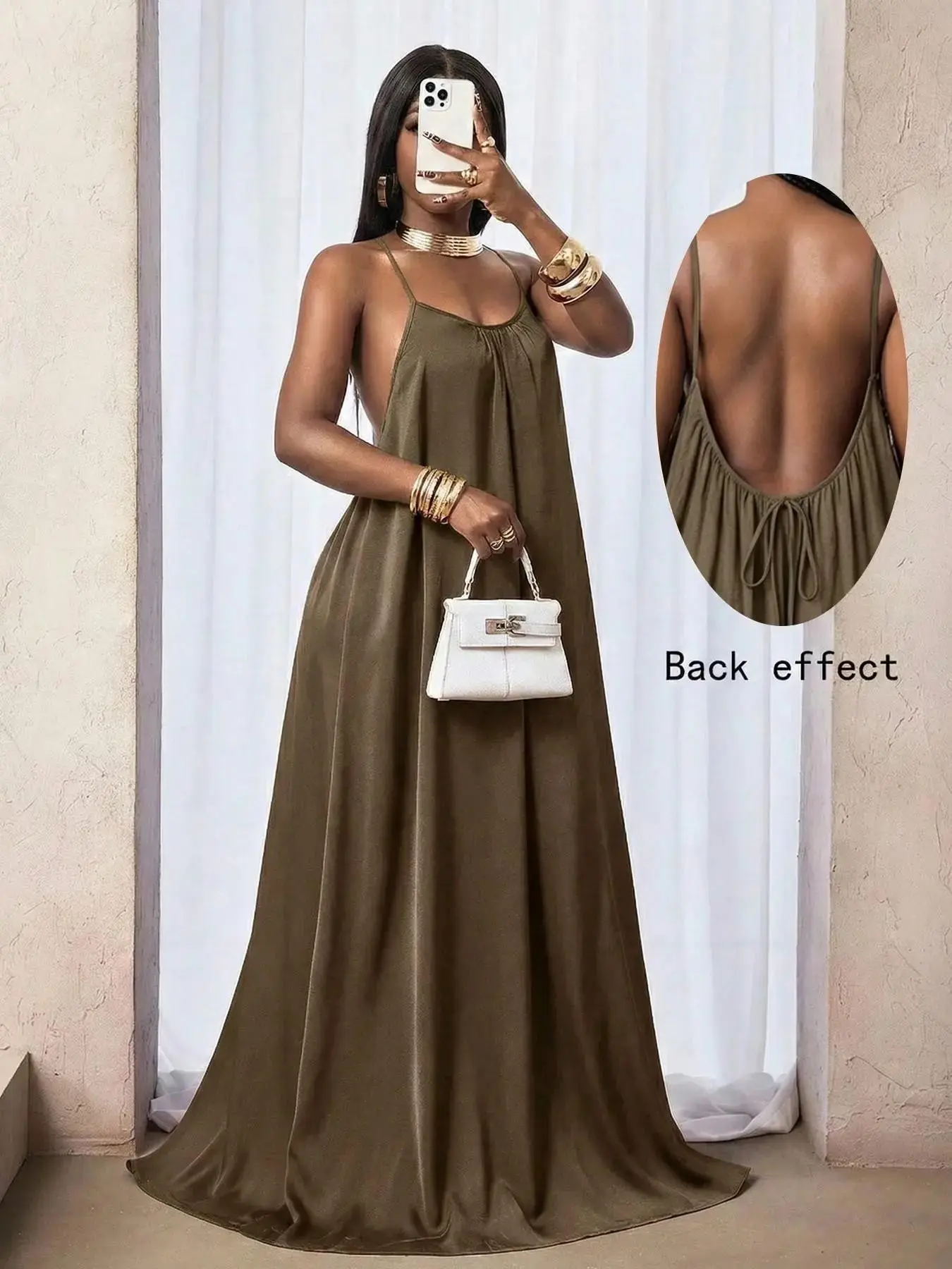 Women's Plain Pleated Sleeveless Backless Cutout Long Skirt, Boho Fitted Party Dress, Elegant Office Wear, Spring & Fall Fashion