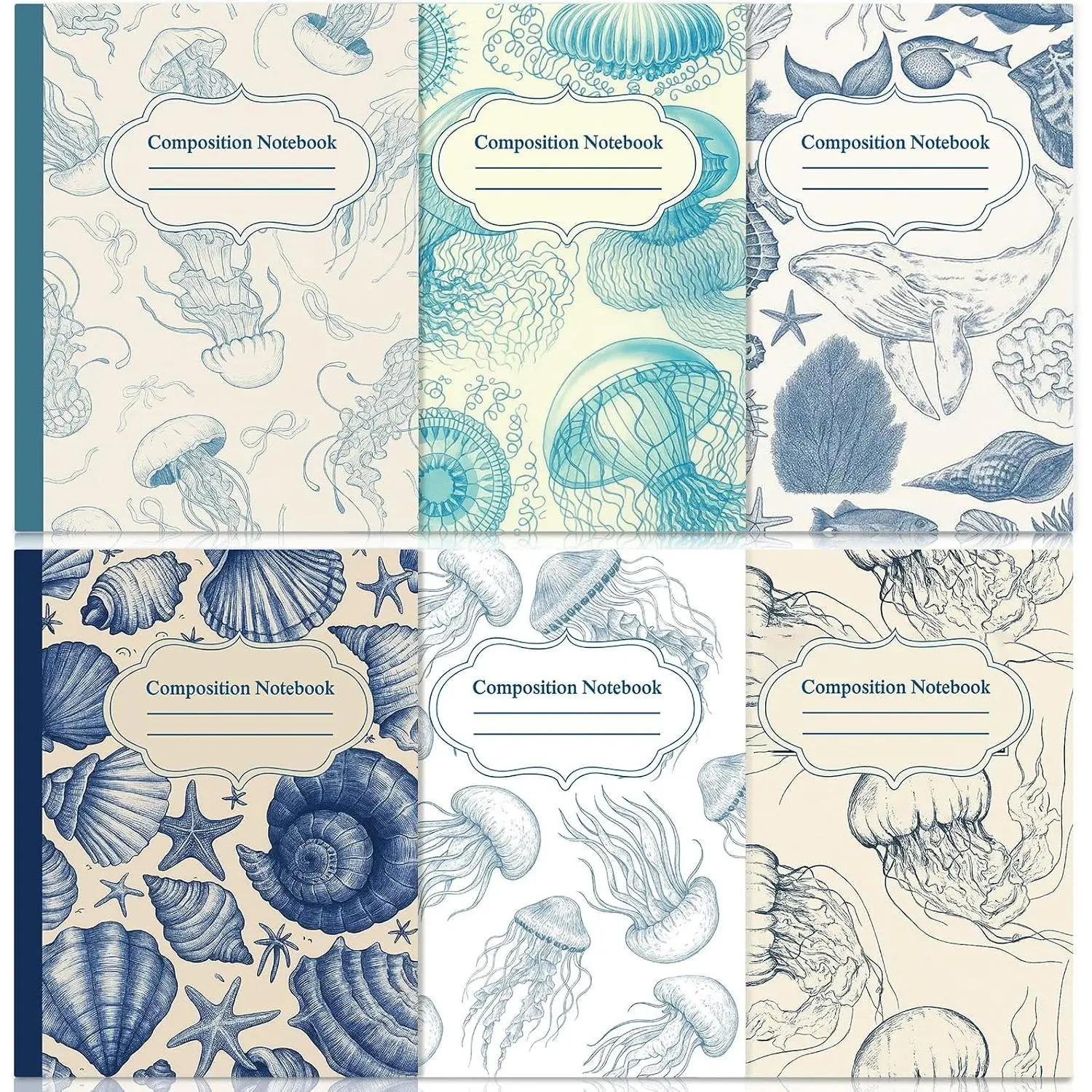 6 Pack Composition Notebooks College Ruled, Blue Ocean Design, 110 Pages, 7-1/2" x 9-3/4", Retro Aesthetic Journal, Bulk Set for Back to School, Classroom, Office, First Day of School Gift