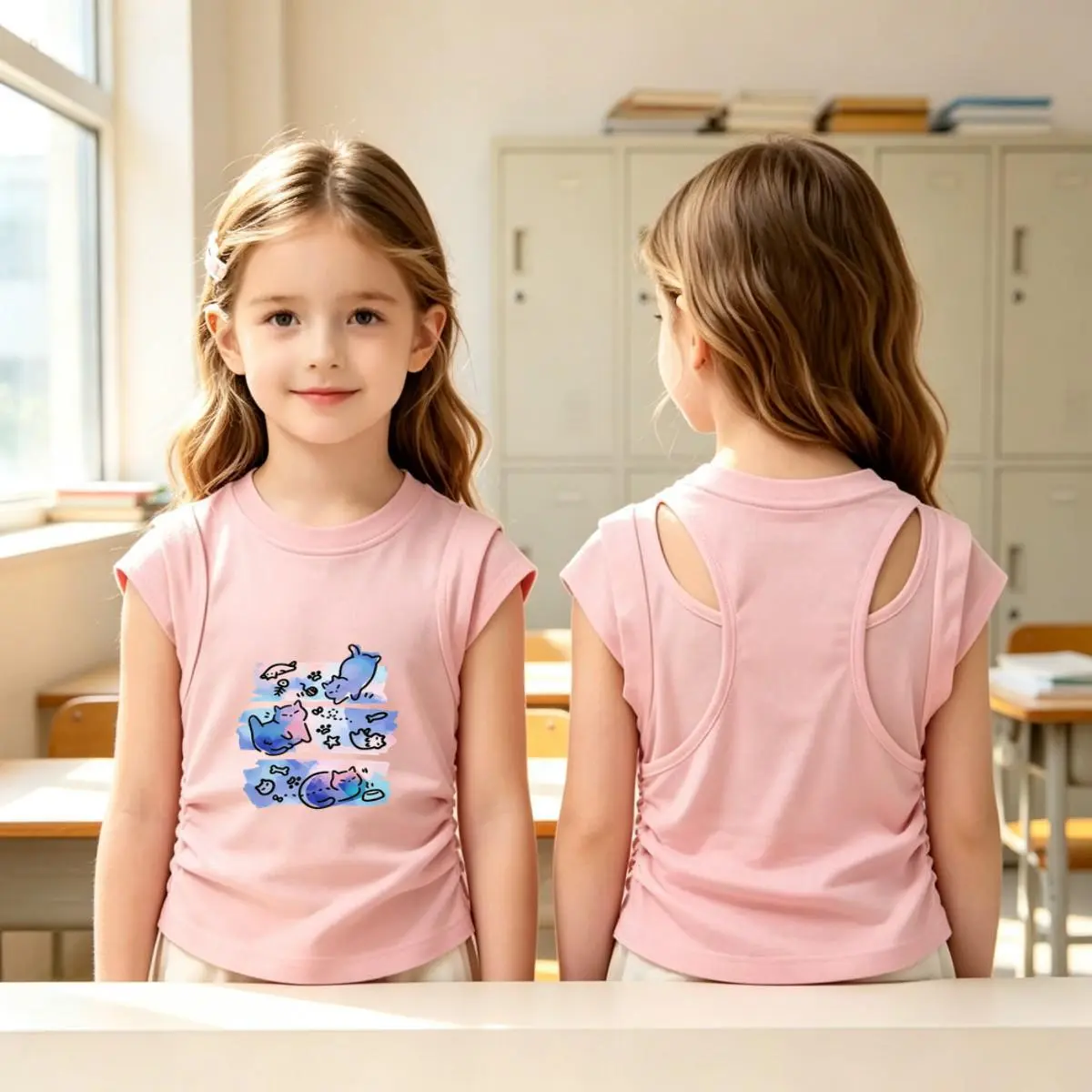 Cute Cotton Cat Print Sleeveless Backless Tank Top for Girls