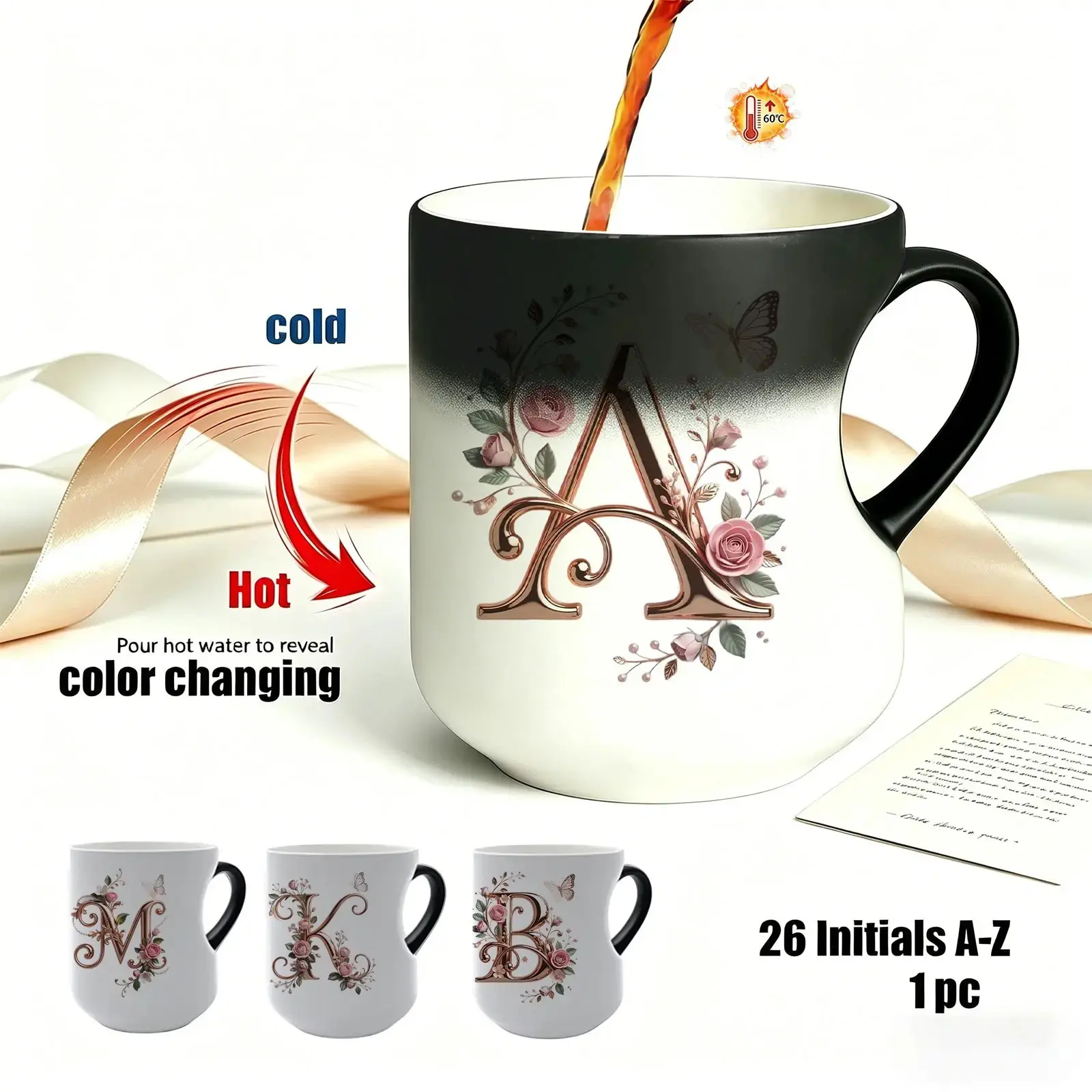 Elegant Rose Gold Floral Initial Color Changing Ceramic Printed Drinkware Coffee Mug, Heat Sensitive Magic Coffee Cup, Unique Personalized Gift for Friends & Family, Ceramic Cups, Ceramic Mugs