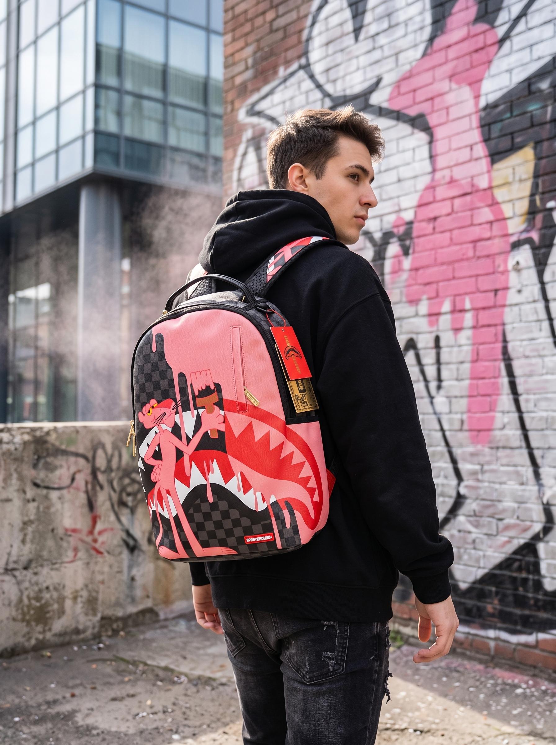 SG Pink Shark Mouth Backpack, Streetwear Graffiti School Bag for Men Women, Trendy Laptop Daypack for Teens