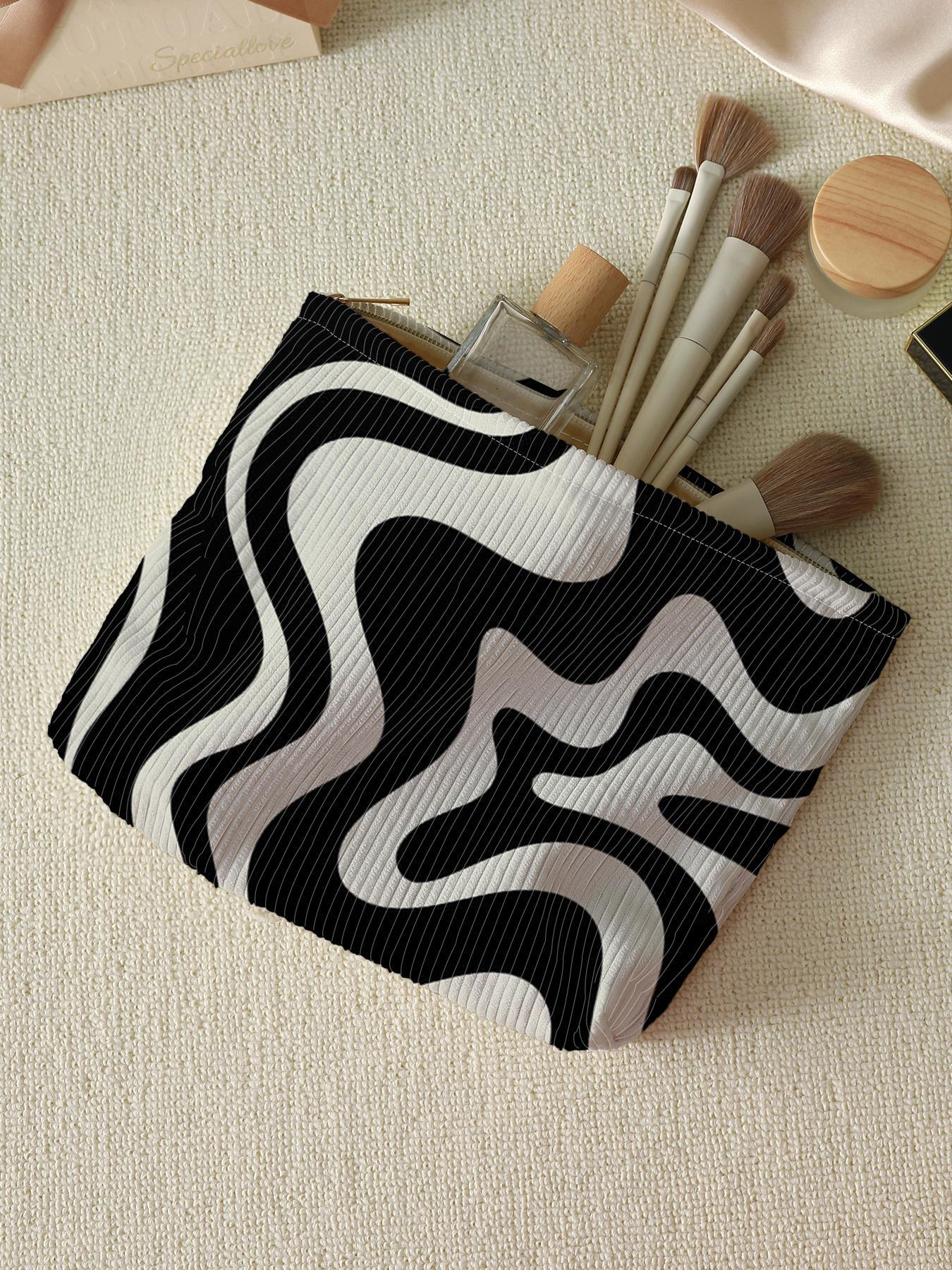 Zebra Stripe Pattern Corduroy Makeup Bag, Makeup Organizer Pouch, Handheld Cosmetic Pouch, Cosmetic Travel Bags, Casual Lightweight Multi-functional Travel Cosmetic Bag, Casual Trendy Versatile High-quality for Women & Girls