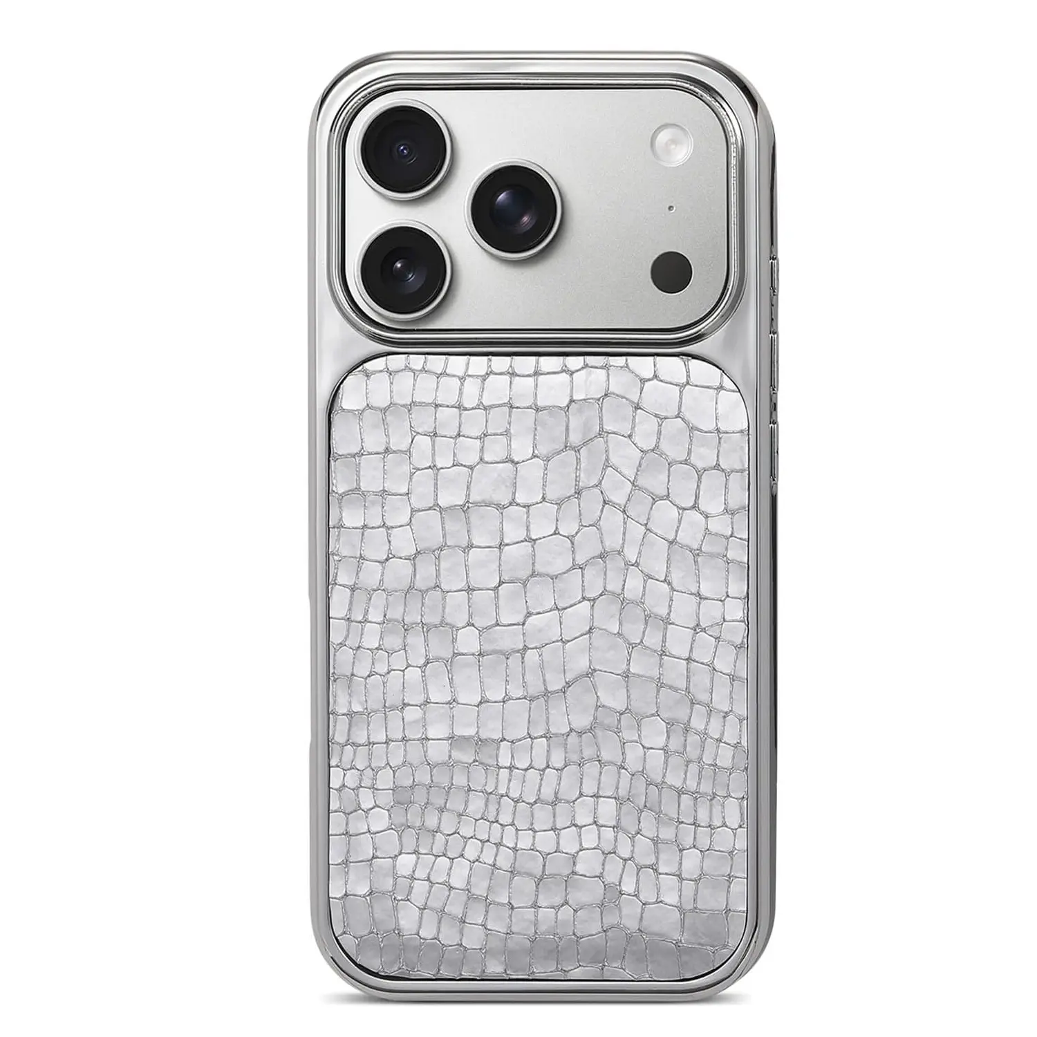 Luxury Shiny Crocodile Leather Case for iPhone 18 17 16 15 14 13 Pro Max, Shockproof Electroplated Silver Frame Croc Textured Protective Cover for Men Women