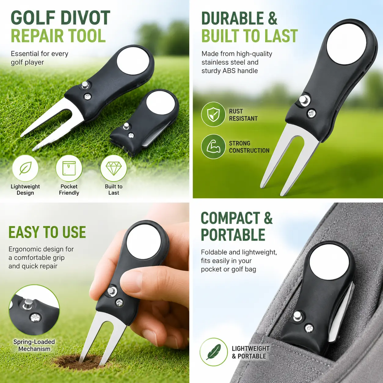 Foldable Golf Green Repair Tool with Stainless Steel and Durable Plastic Construction for Smooth Ball Mark Fixing and Turf Restoration on Putting Greens