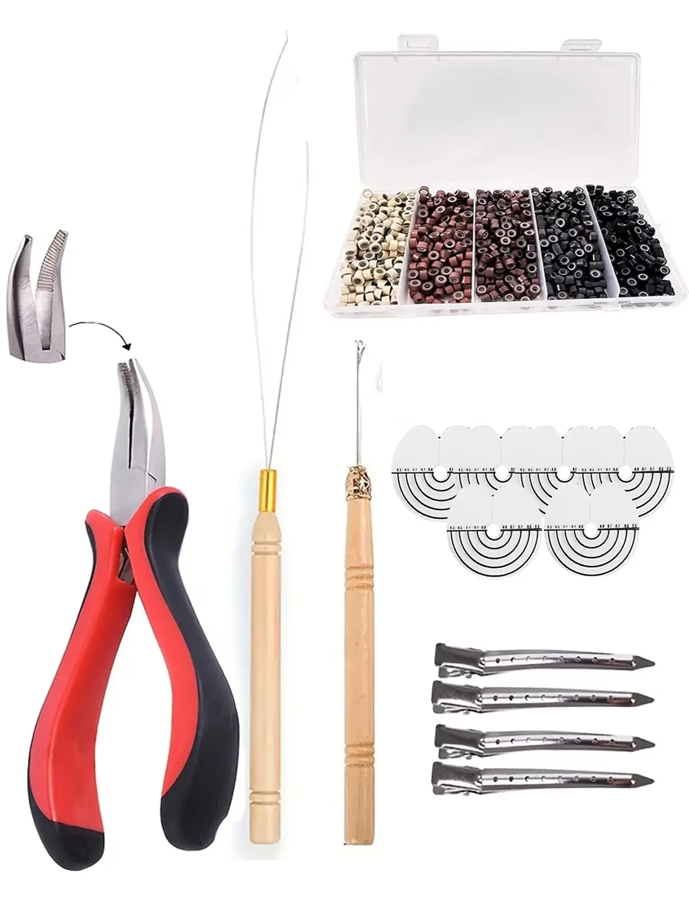 Hair Extensions with Micro Rings, Includes I-Tip Hair Pliers, Micro Pulling Hook, Needle Loop Threader, Micro Links, Essential Tools Set