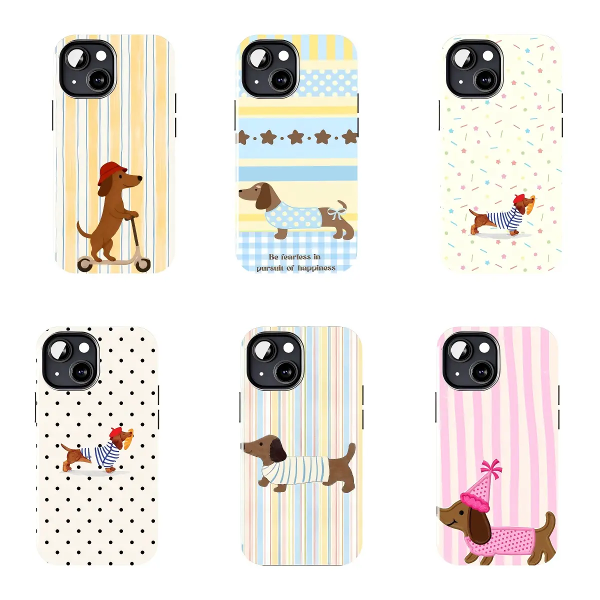 Cute Dachshund Dog Phone Case, Kawaii Sausage Dog Cartoon Cover, Pastel Stripe & Polka Dot Puppy Aesthetic, Minimal Pet Lover Gift, Adorable Protective Case Compatible with iPhone 11–17 Pro Max/Plus & Samsung Galaxy S23–S25 Series