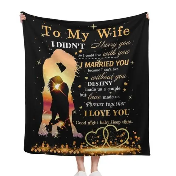 Black Background Golden Sparkle Couple Silhouette To My Wife Destiny Love Quote Flannel Throw Blanket Husband Forever Together Romantic Warm Comfort Anniversary Valentine Wedding Birthday Gift For Wife 30*40in 40*50in 50*60in Custom 3D Fluffy Fleece Set