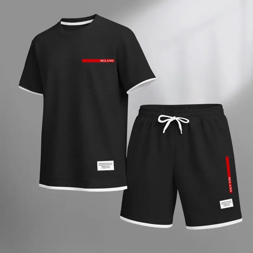 Men's Milano Letter Print Waffle Fabric Short-Sleeved Shirt And Shorts Set